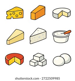 Una rebanada de queso cheddar bloque brie wedge parmesano pieza queso azul crema agria gouda redondo feta cubos y bolas de mozzarella en estilo de dibujos animados de colores