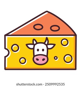 Cheese slice with cow face icon. A delightful vector illustration of a cheddar slice featuring a cute calf face, perfect for dairy or farming-related designs.