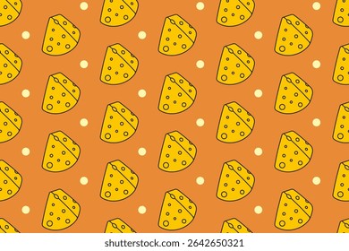 Cheese slice with dot seamless pattern on tan background. Cheese wedges colorful doodle pattern background. Cheddar gouda isolated motif wallpaper. foods label, packaging and merchandise