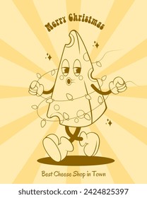 Rebanada de queso en estilo retro, queso como un árbol de Navidad, tarjeta de Navidad con divertido personaje de dibujos animados.	
