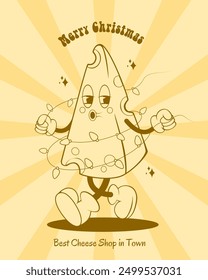 Cheese slice in groovy retro style, cheese like a Christmas tree, Christmas card with funny cartoon character.	