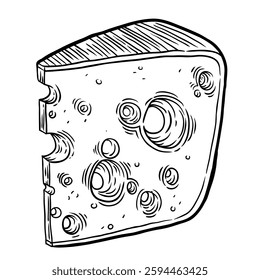 Cheese slice hand drawn. Ink doodle sketch isolated on white background. Drawing vector illustration. Vintage style stroke drawing. Vector illustration