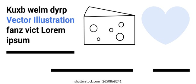 Cheese slice with holes, blue heart, and black text lines. Ideal for food blogs, recipe sites, culinary advertisements, dairy promotions, social media graphics, editorial content, branding. Landing