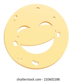 Cheese slice with holes in shape of a smiley. Isolated vector illustration on white background.