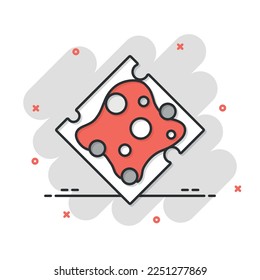Cheese slice icon in comic style. Milk food cartoon vector illustration on isolated background. Breakfast splash effect sign business concept.