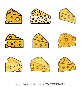 Cheese slice icons in colorful styles, A variety of cheese slice icons in colorful and outline styles, featuring classic hole patterns, ideal for food and culinary themes. 