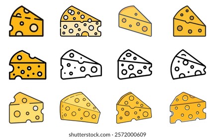 Cheese slice icons in colorful styles, A variety of cheese slice icons in colorful and outline styles, featuring classic hole patterns, ideal for food and culinary themes. 