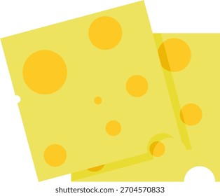 Ilustración de rebanada de queso con varios patrones de agujeros. Diseñado en un estilo plano limpio con tonos amarillos suaves, ideal para gráficos de alimentos, iconos, envases u otros.