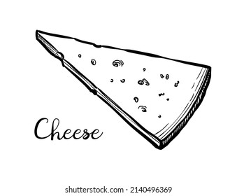 Pieza de queso. Esbozo de tinta aislado en fondo blanco. Ilustración vectorial dibujada a mano. Dibujo de trazo de estilo vintage.