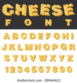 Cheese slice isolated letters and numbers latin font. Yummy food snack typeset alphabet collection.