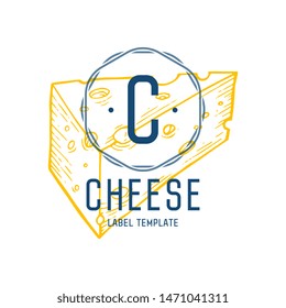 Cheese slice lable organic milk butter fresh food vector hand drawn illustration, menu label, banner poster identity, branding. Stylish design with sketch illustration