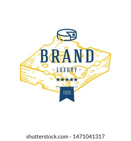 Cheese slice lable organic milk butter fresh food vector hand drawn illustration, menu label, banner poster identity, branding. Stylish design with sketch illustration