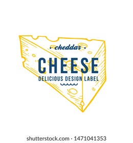 Cheese slice lable organic milk butter fresh food vector hand drawn illustration, menu label, banner poster identity, branding. Stylish design with sketch illustration