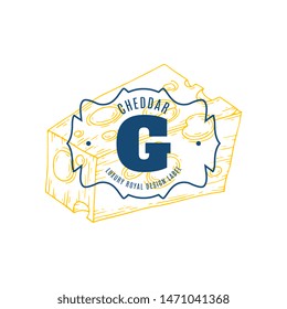 Cheese slice lable organic milk butter fresh food vector hand drawn illustration, menu label, banner poster identity, branding. Stylish design with sketch illustration