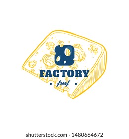 Cheese slice lable organic milk butter fresh food vector hand drawn illustration, menu label, banner poster identity, branding. Stylish design with sketch illustration