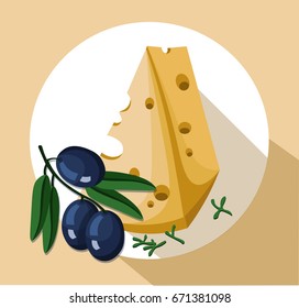 Cheese slice and olives icon template tasty Vector illustration
