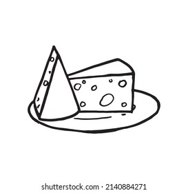  Cheese slice on plate pen drawn single outline illustration. Delicious product made from milk original single symbol. Hand drawn food with holes contour artwork. Organic and healthy food logo design.