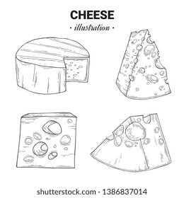 Cheese slice organic milk butter fresh food vector hand drawn illustration, menu label, banner poster identity, branding. Stylish design with sketch illustration of Cheese variations cuisine sketch
