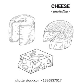 Cheese slice organic milk butter fresh food vector hand drawn illustration, menu label, banner poster identity, branding. Stylish design with sketch illustration of Cheese variations cuisine sketch