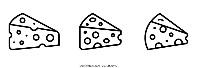 Cheese slice outline icons with holes, A set of cheese slice outline icons featuring classic hole patterns, ideal for food, culinary, and kitchen-related design projects. 