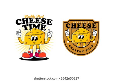 Cheese slice retro mascot illustration logo set with number one hand. Cheddar cartoon character for restaurant. Cute cheese wedges mascot with standing and pointing up hand for food promotion or label