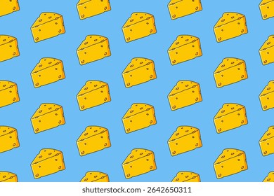 Fatia de queijo padrão sem costura no fundo azul. cheddar colorido doodle fundo padrão. queijos cunhas isolado motif wallpaper. alimentos rótulo, embalagem e mercadoria
