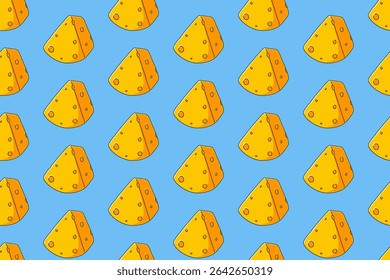 Fatia de queijo padrão sem costura no fundo azul. cheddar colorido doodle fundo padrão. queijos cunhas isolado motif wallpaper. alimentos rótulo, embalagem e mercadoria