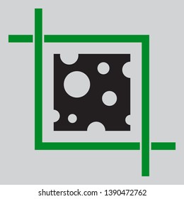 Cheese slice sign. Black icon inside green crop tool at light gray background