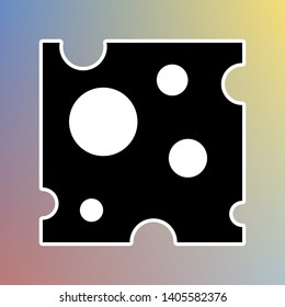 Cheese slice sign. Black icon in white shell at pastel color background. Illustration.