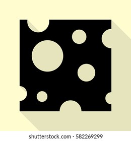 Cheese slice sign. Black icon with flat style shadow path on cream background.
