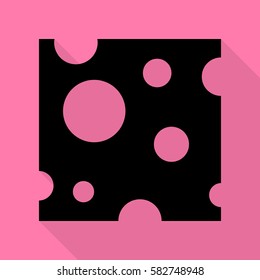 Cheese slice sign. Black icon with flat style shadow path on pink background.
