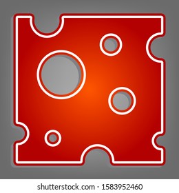 Cheese slice sign. Flat red icon with linear white icon with gray shadow at grayish background. Illustration.