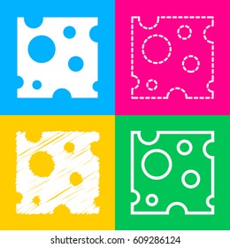 Cheese slice sign. Four styles of icon on four color squares.