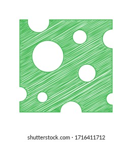Cheese slice sign. Green scribble Icon with solid contour on white background. Illustration.
