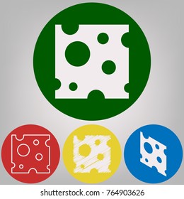 Cheese slice sign. Vector. 4 white styles of icon at 4 colored circles on light gray background.