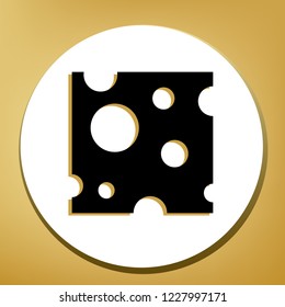 Cheese slice sign. Vector. Black icon with light brown shadow in white circle with shaped ring at golden background.