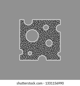 Cheese slice sign. Vector. Black maze filled icon with white border at gray background.