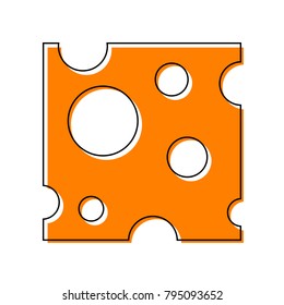 Cheese slice sign. Vector. Black line icon with shifted flat orange filled icon on white background. Isolated.