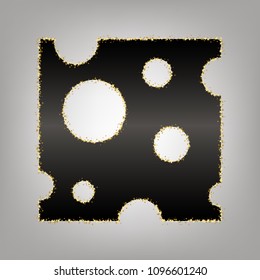 Cheese slice sign. Vector. Blackish icon with golden stars at grayish background.