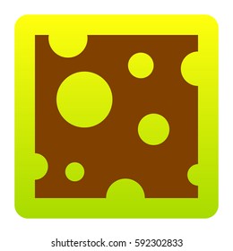 Cheese slice sign. Vector. Brown icon at green-yellow gradient square with rounded corners on white background. Isolated.