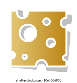 Cheese slice sign. Vector. Golden gradient icon with white contour and rotated gray shadow at white background.