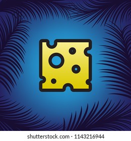 Cheese slice sign. Vector. Golden icon with black contour at blue background with branches of palm trees.