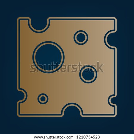 Cheese slice sign. Vector. Golden icon and border at dark cyan background.