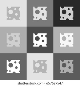 Cheese slice sign. Vector. Grayscale version of Popart-style icon.