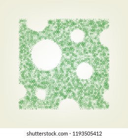 Cheese slice sign. Vector. Green hexagon rastered icon and noised opacity and size at light green background with central light.