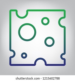 Cheese slice sign. Vector. Green to blue gradient contour icon at grayish background with light in center.