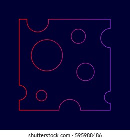 Cheese slice sign. Vector. Line icon with gradient from red to violet colors on dark blue background.
