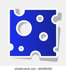 Cheese slice sign. Vector. New year bluish icon with outside stroke and gray shadow on light gray background.