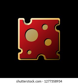 Cheese slice sign. Vector. Red icon with small black and limitless shadows at golden sticker on black background.