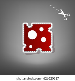 Cheese slice sign. Vector. Red icon with for applique from paper with shadow on gray background with scissors.